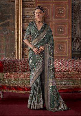 Dark Green Embroidered Silk Saree Set