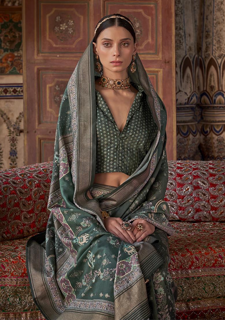 Dark Green Embroidered Silk Saree Set