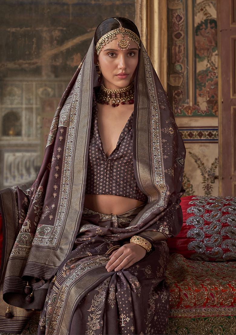 Dark Brown Embroidered Silk Saree Set