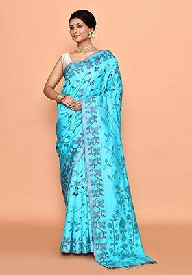 Sea Green Floral Print Art Silk Saree (Without Blouse)