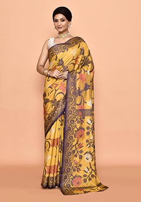 Mustard Yellow Floral Print Art Silk Saree (Without Blouse)