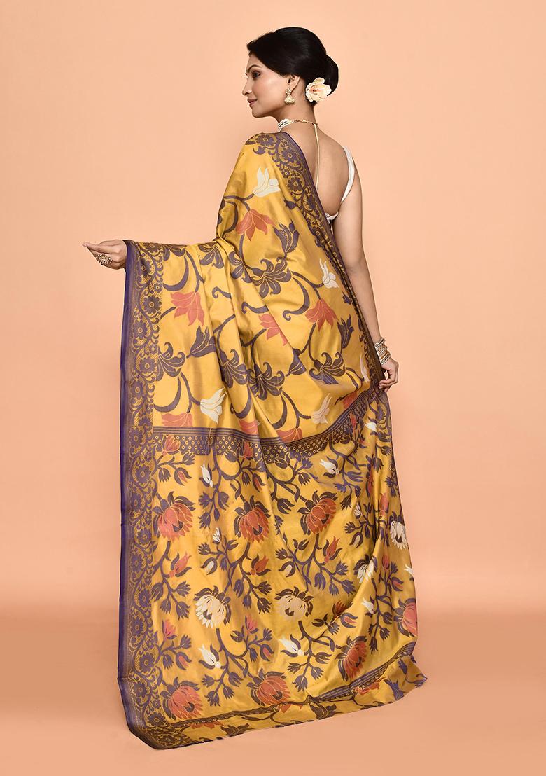 Mustard Yellow Floral Print Art Silk Saree (Without Blouse)