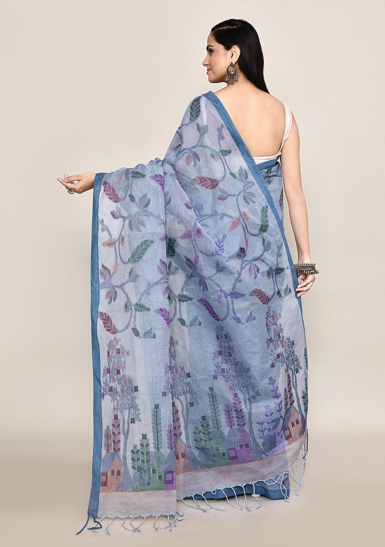 Blue Jamdani Cotton Saree (Without Blouse)