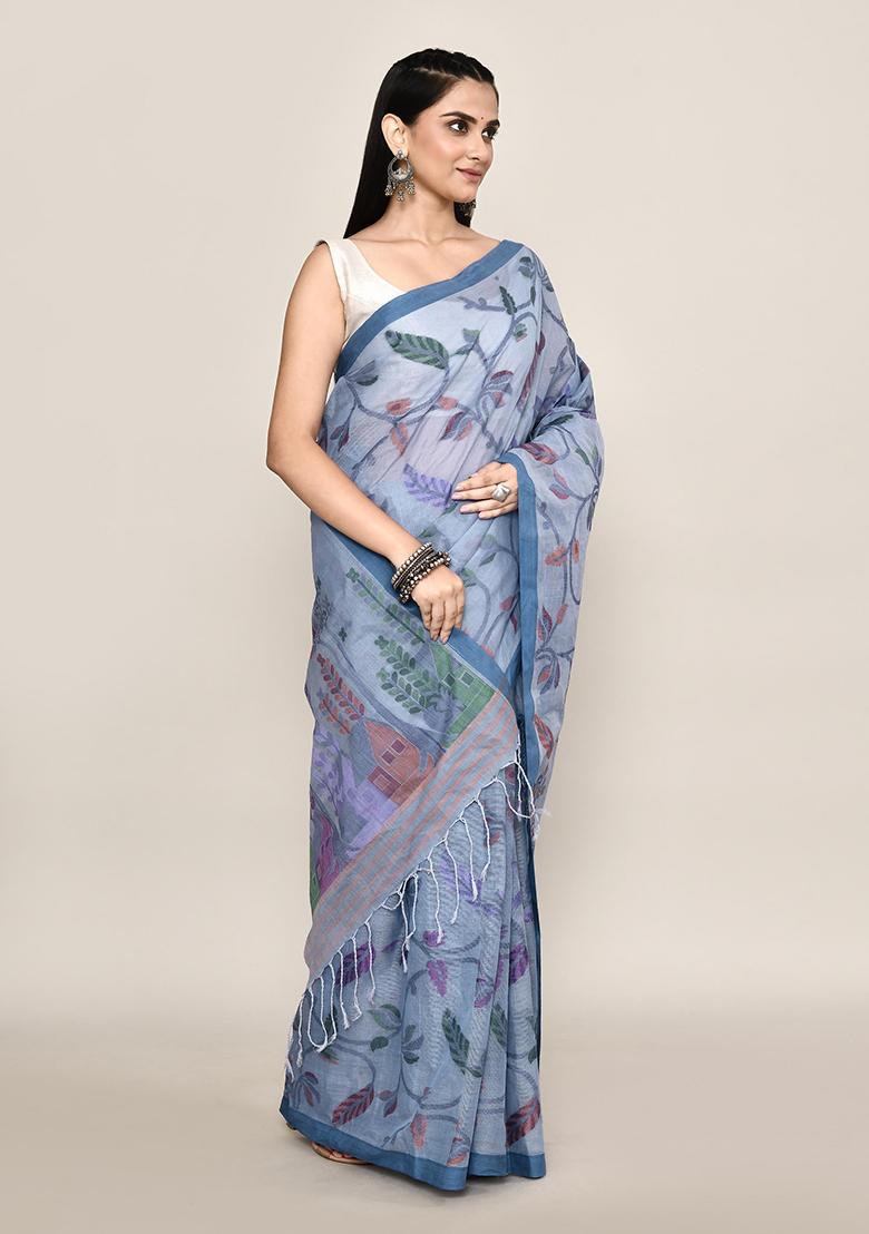 Blue Jamdani Cotton Saree (Without Blouse)