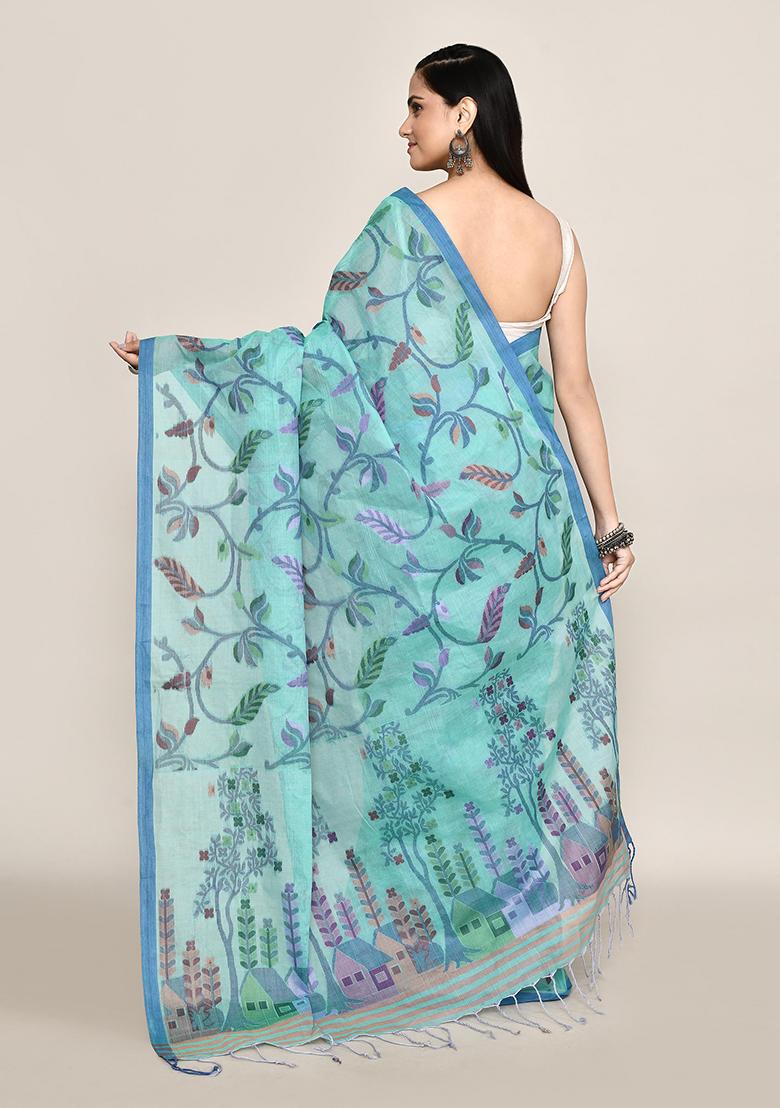 Sea Green Jamdani Cotton Saree (Without Blouse)