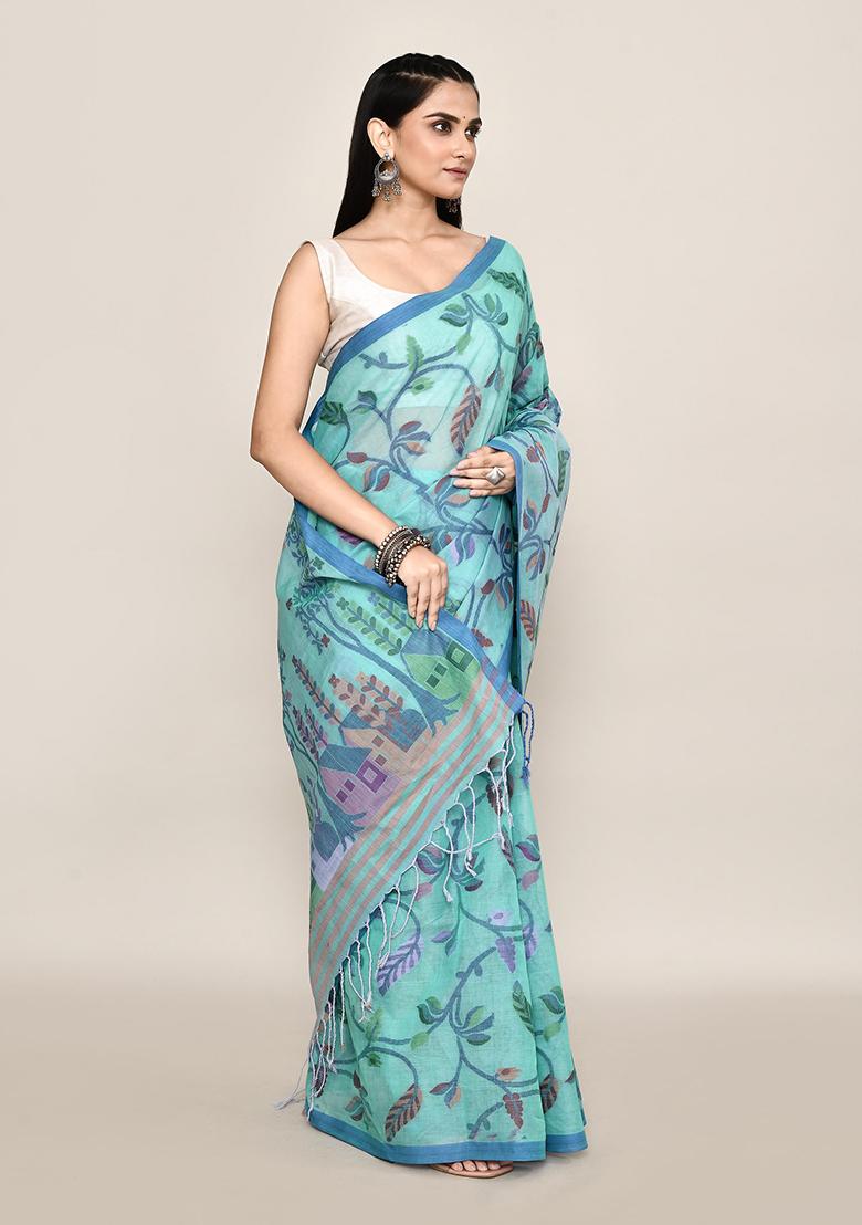 Sea Green Jamdani Cotton Saree (Without Blouse)
