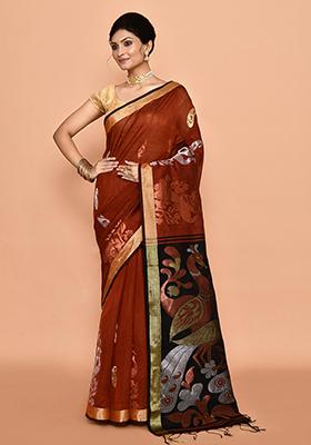 Rust Red Zari Work Cotton Saree Set