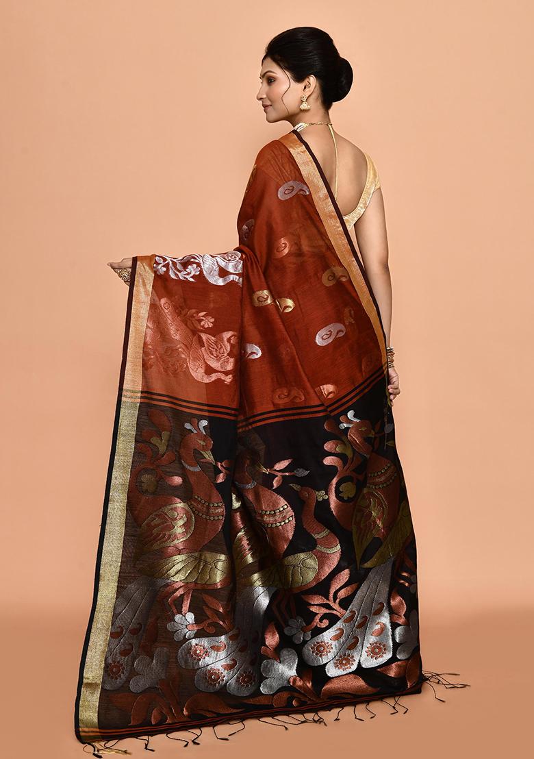 Rust Red Zari Work Cotton Saree Set