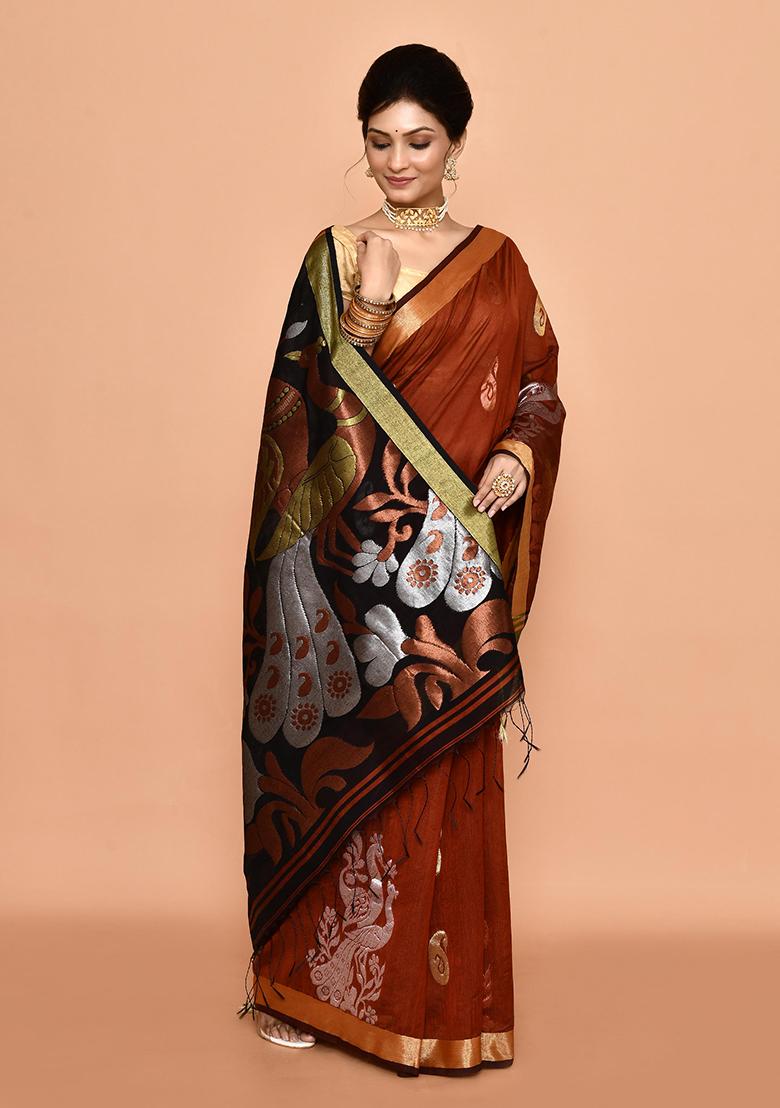 Rust Red Zari Work Cotton Saree Set