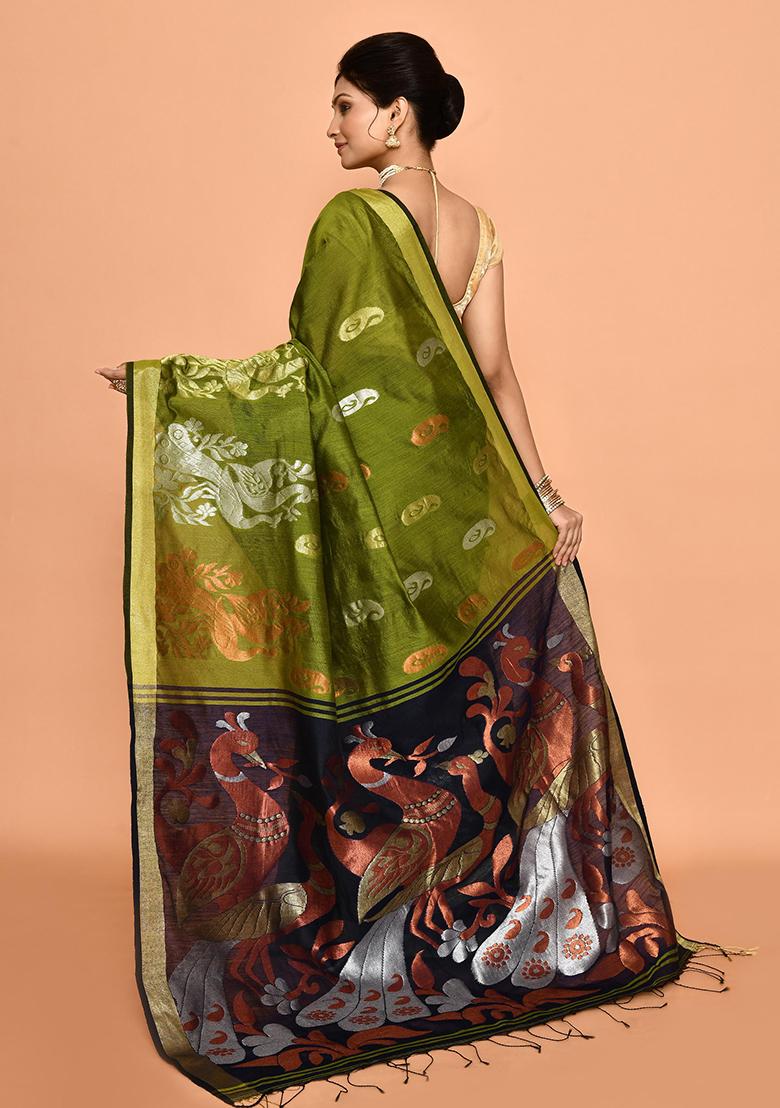 Green Zari Work Cotton Saree Set