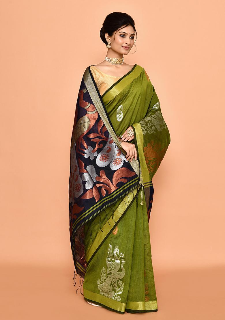 Green Zari Work Cotton Saree Set