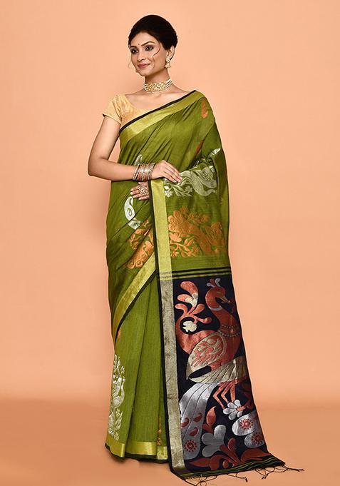 Green Zari Work Cotton Saree Set