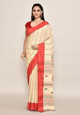 Beige Floral Print Cotton Saree (Without Blouse)
