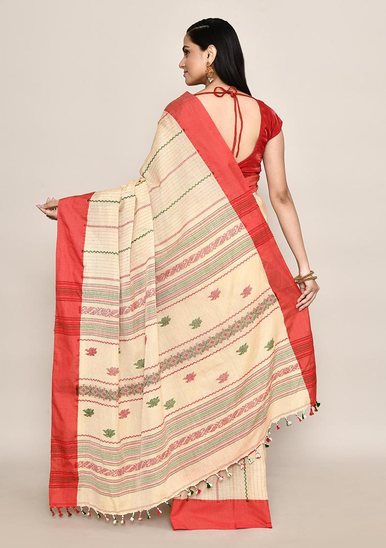 Beige Floral Print Cotton Saree (Without Blouse)