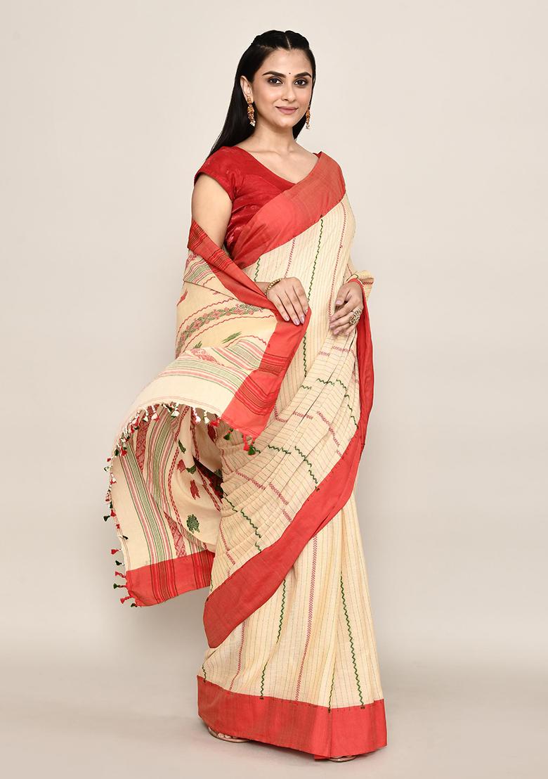 Beige Floral Print Cotton Saree (Without Blouse)