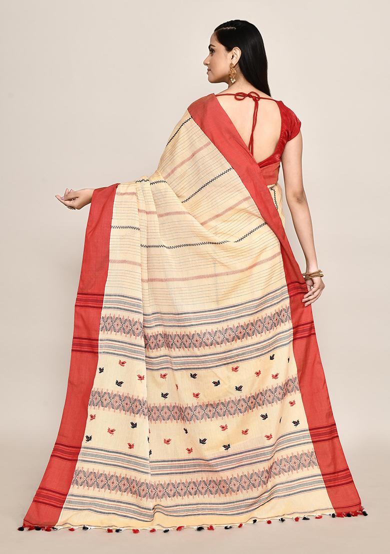 Beige Floral Print Cotton Saree (Without Blouse)