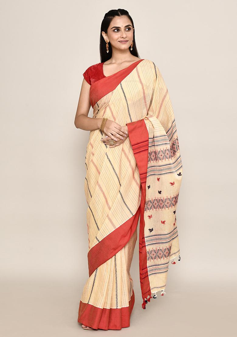Beige Floral Print Cotton Saree (Without Blouse)