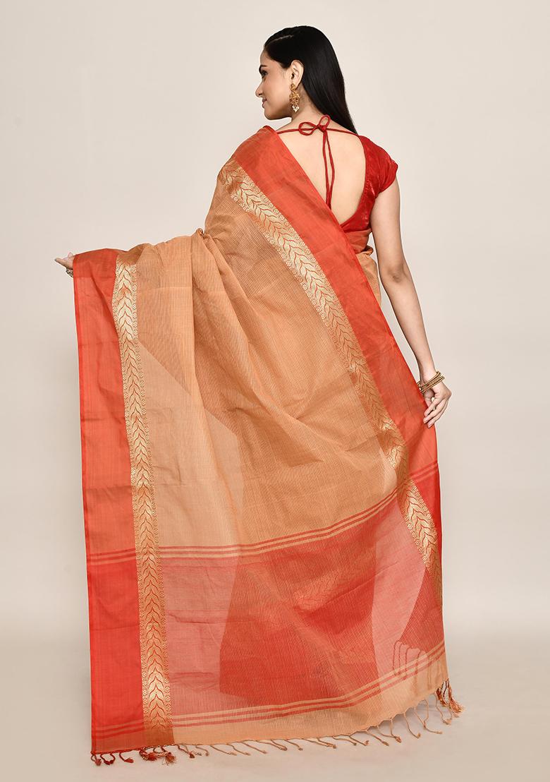Beige Printed Cotton Saree (Without Blouse)