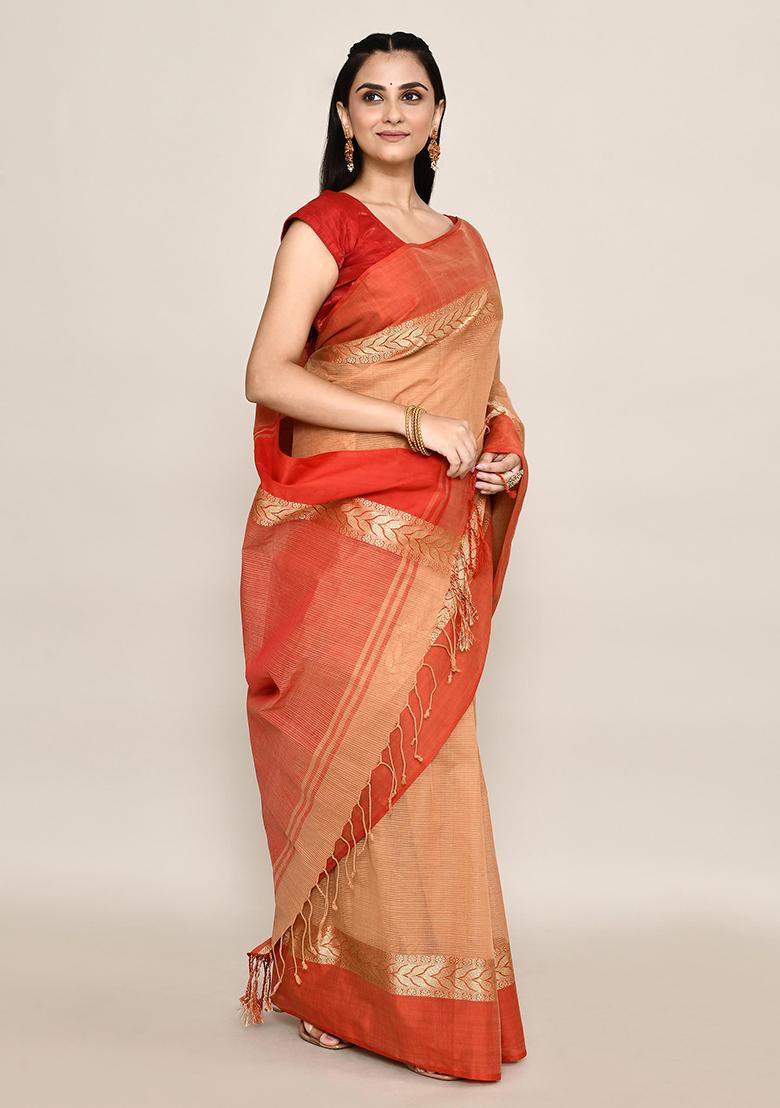 Beige Printed Cotton Saree (Without Blouse)