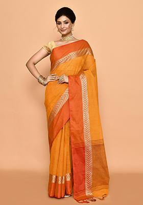 Mustard Yellow Printed Cotton Saree (Without Blouse)