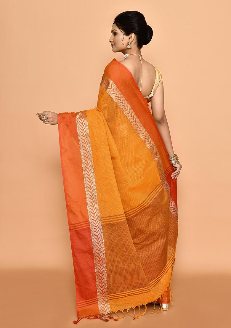Mustard Yellow Printed Cotton Saree (Without Blouse)