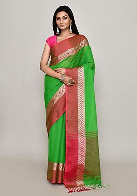 Green Printed Cotton Saree (Without Blouse)