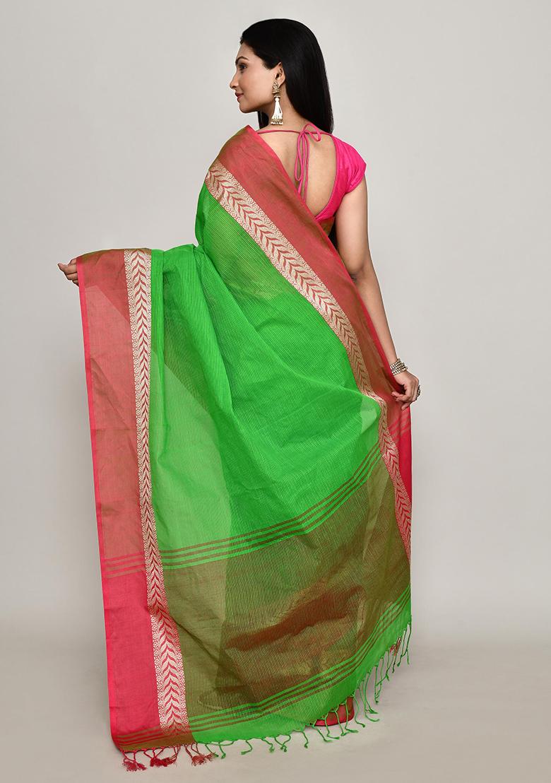 Green Printed Cotton Saree (Without Blouse)