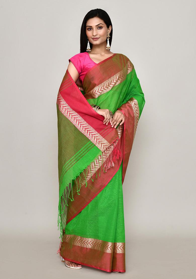 Green Printed Cotton Saree (Without Blouse)