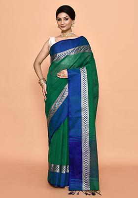 Green Printed Cotton Saree (Without Blouse)