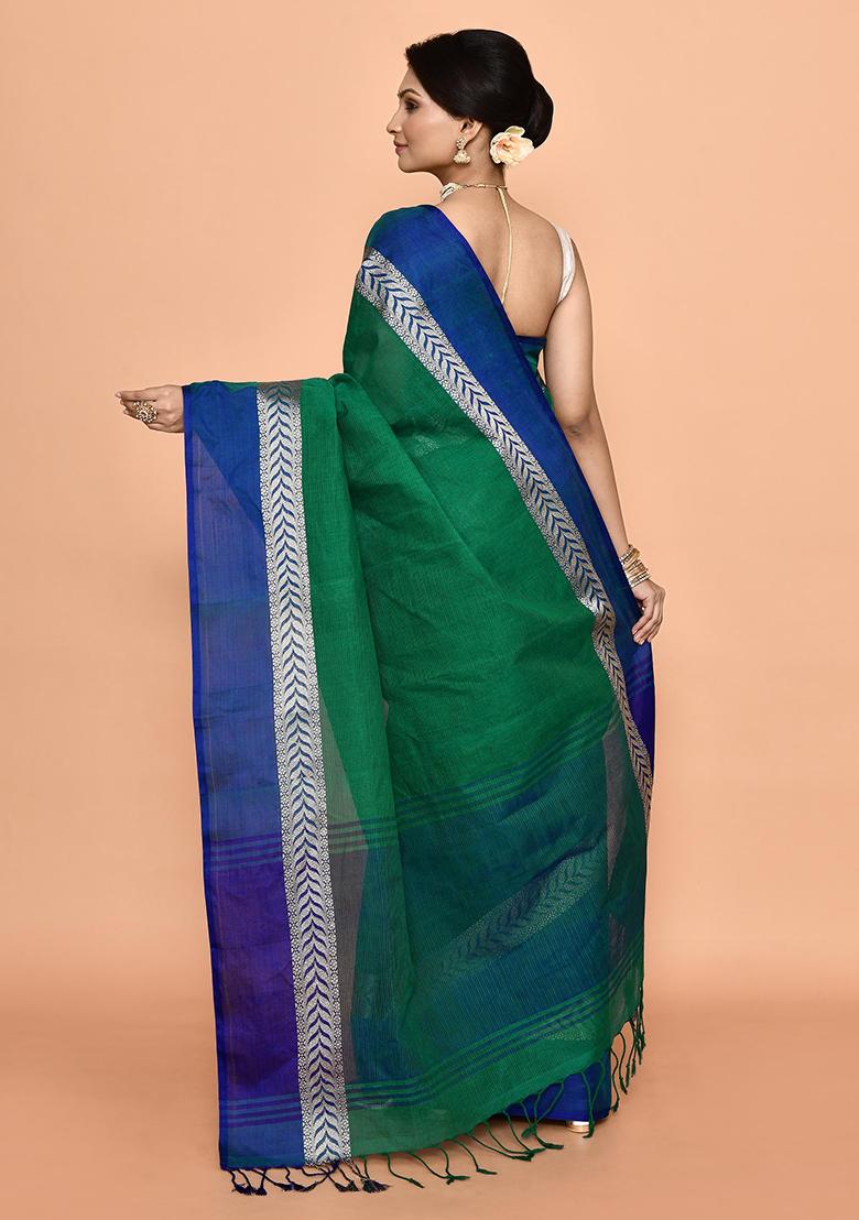 Green Printed Cotton Saree (Without Blouse)