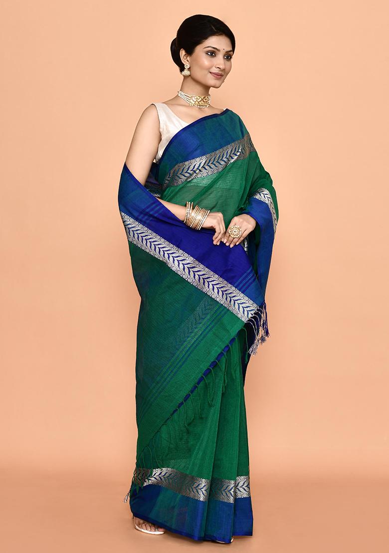 Green Printed Cotton Saree (Without Blouse)
