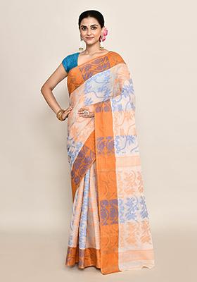 Off White Floral Print Cotton Saree (Without Blouse)