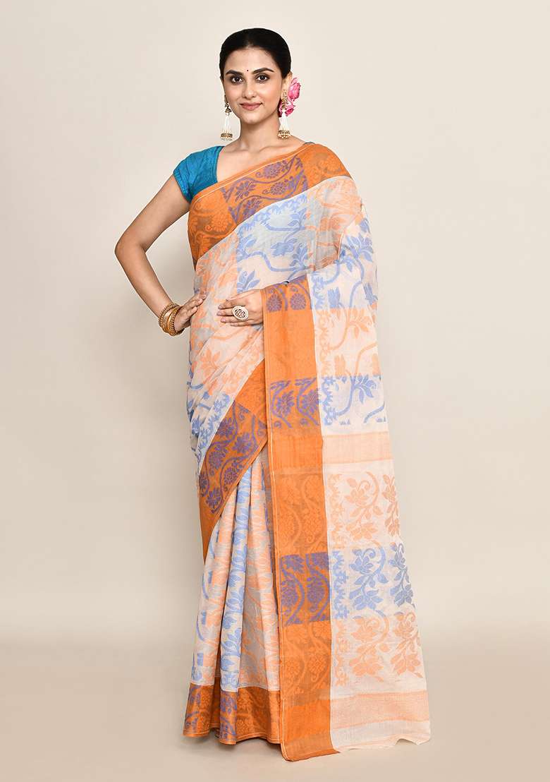 Off White Floral Print Cotton Saree (Without Blouse) - Indya