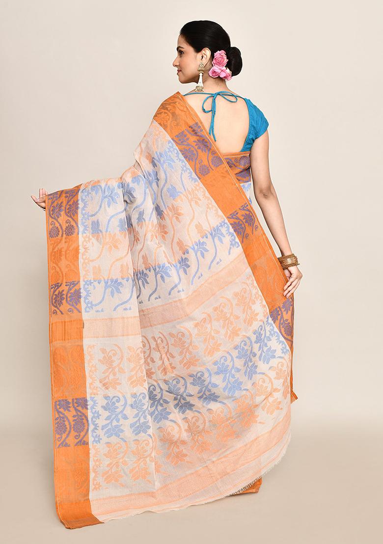 Off White Floral Print Cotton Saree (Without Blouse)
