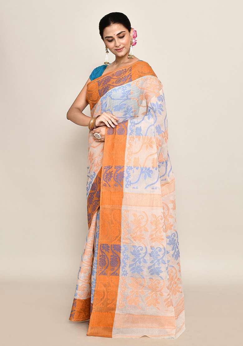 Off White Floral Print Cotton Saree (Without Blouse) - Indya