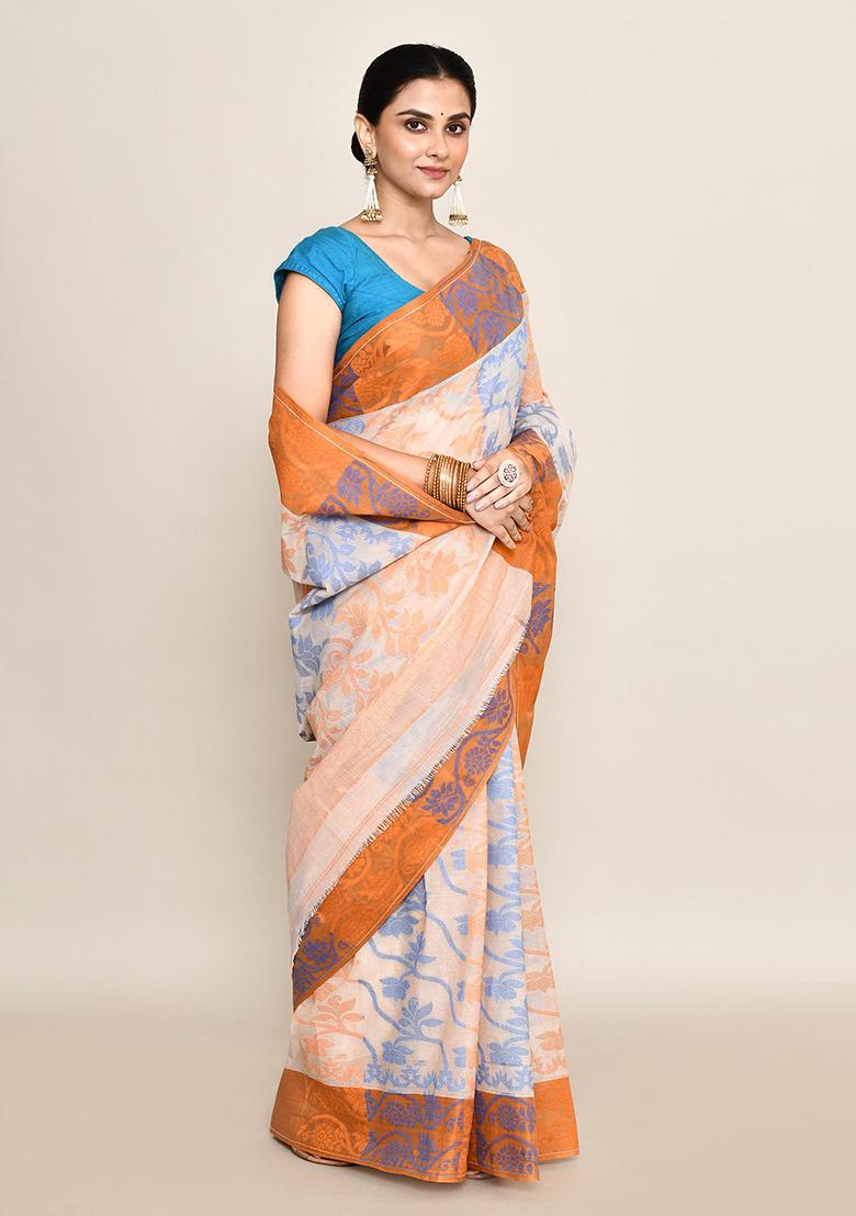 Off White Floral Print Cotton Saree (Without Blouse)