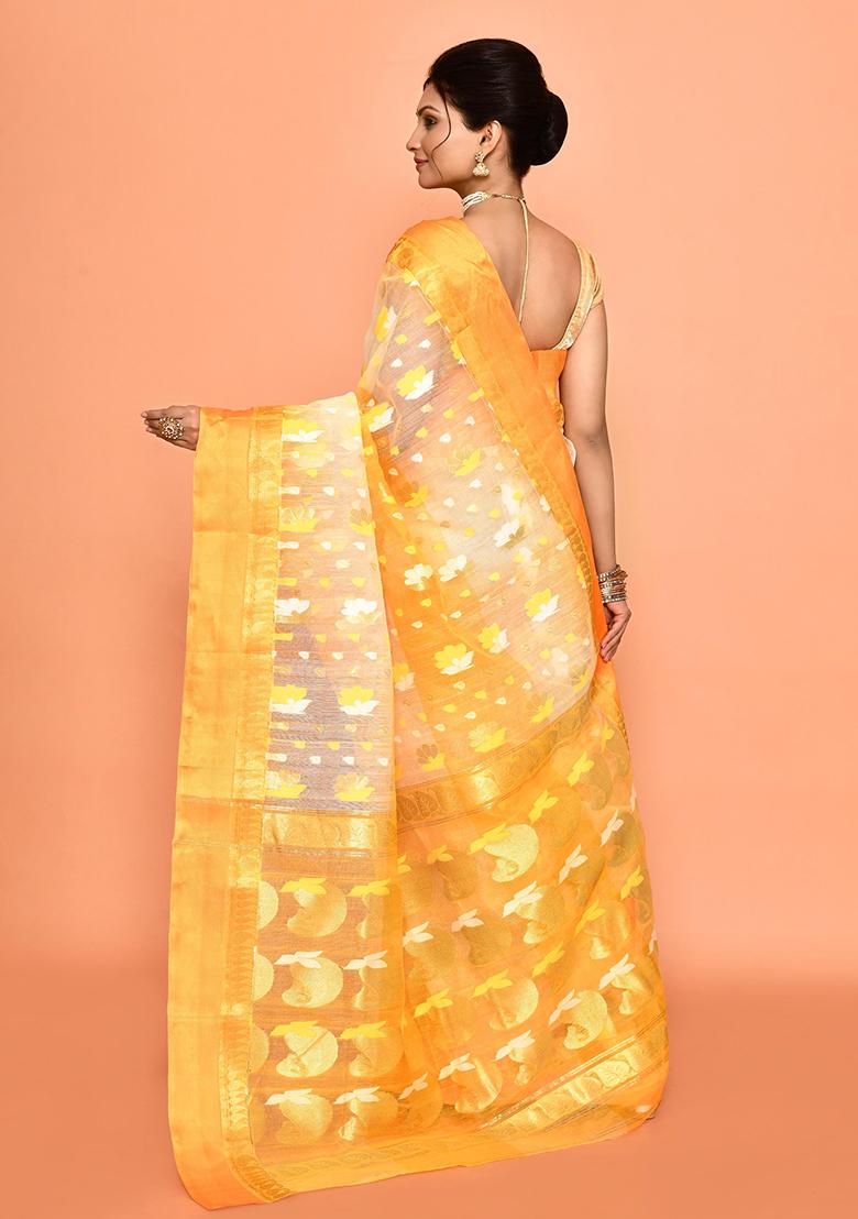 Yellow Zari Work Cotton Saree (Without Blouse)