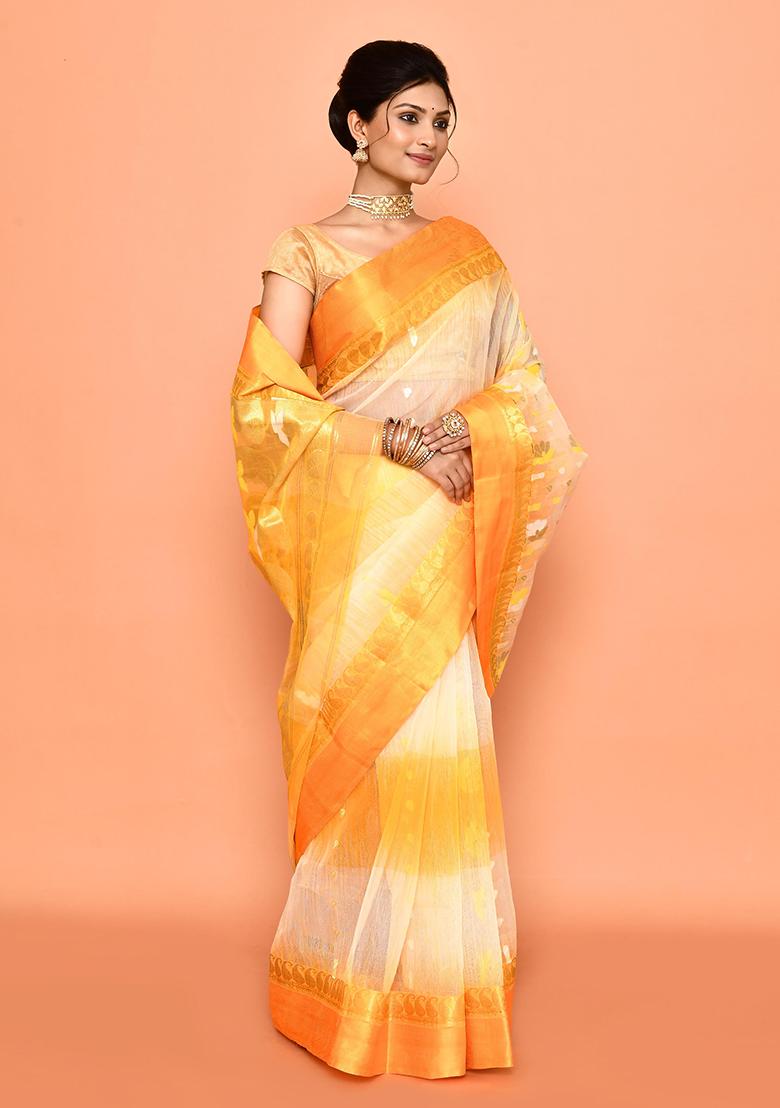 Yellow Zari Work Cotton Saree (Without Blouse)