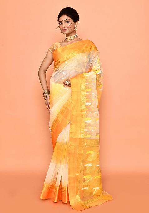 Yellow Zari Work Cotton Saree (Without Blouse)