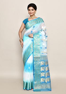 Sky Blue Zari Work Cotton Saree (Without Blouse)