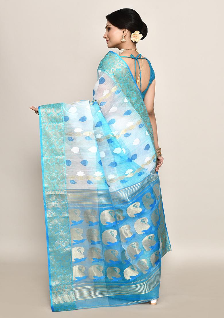 Sky Blue Zari Work Cotton Saree (Without Blouse)