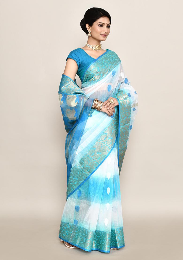 Sky Blue Zari Work Cotton Saree (Without Blouse)