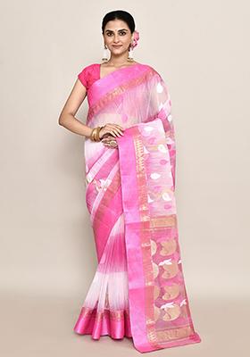 Pink Zari Work Cotton Saree (Without Blouse)