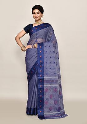 Blue Zari Work Cotton Saree (Without Blouse)