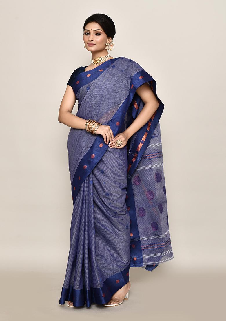Blue Zari Work Cotton Saree (Without Blouse)