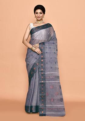 Grey Zari Work Cotton Saree (Without Blouse)