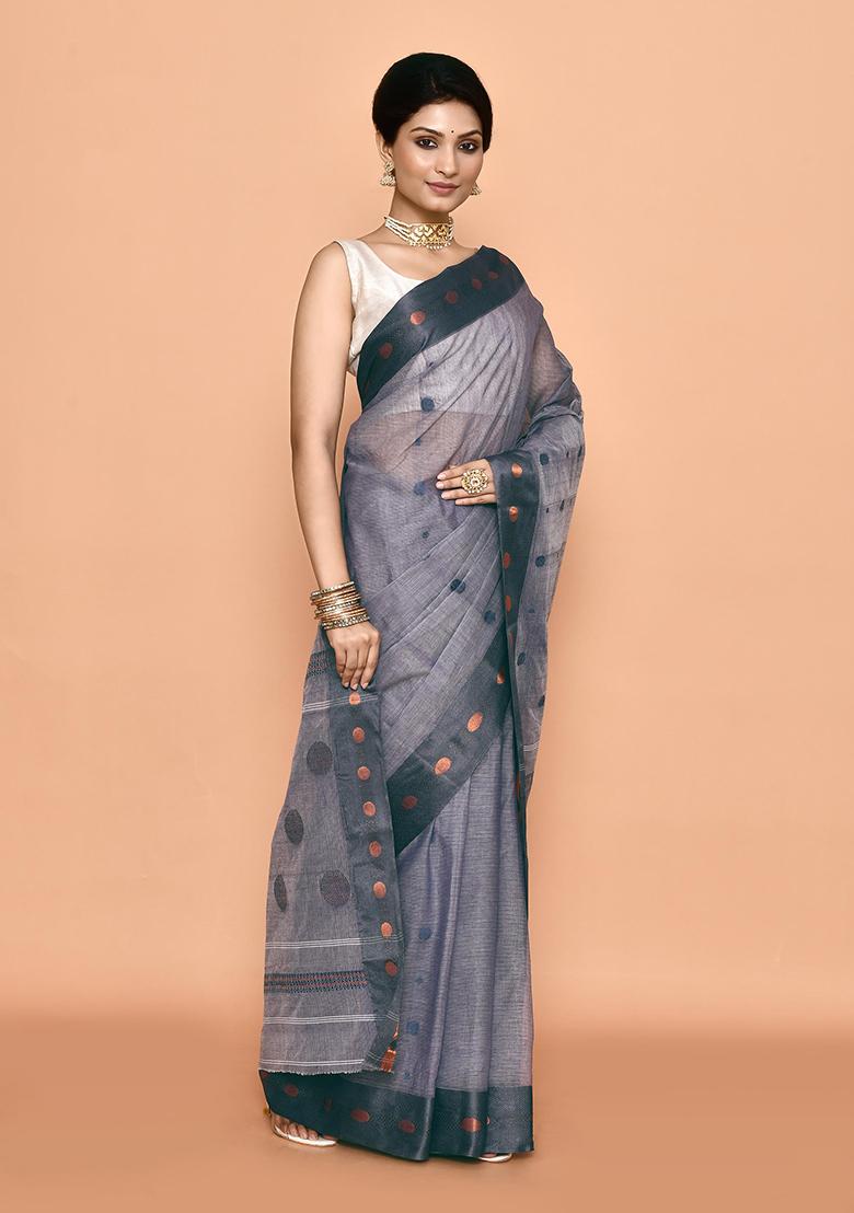 Grey Zari Work Cotton Saree (Without Blouse)