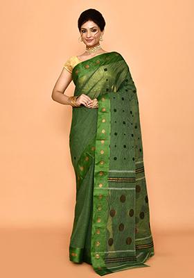 Green Zari Work Cotton Saree (Without Blouse)