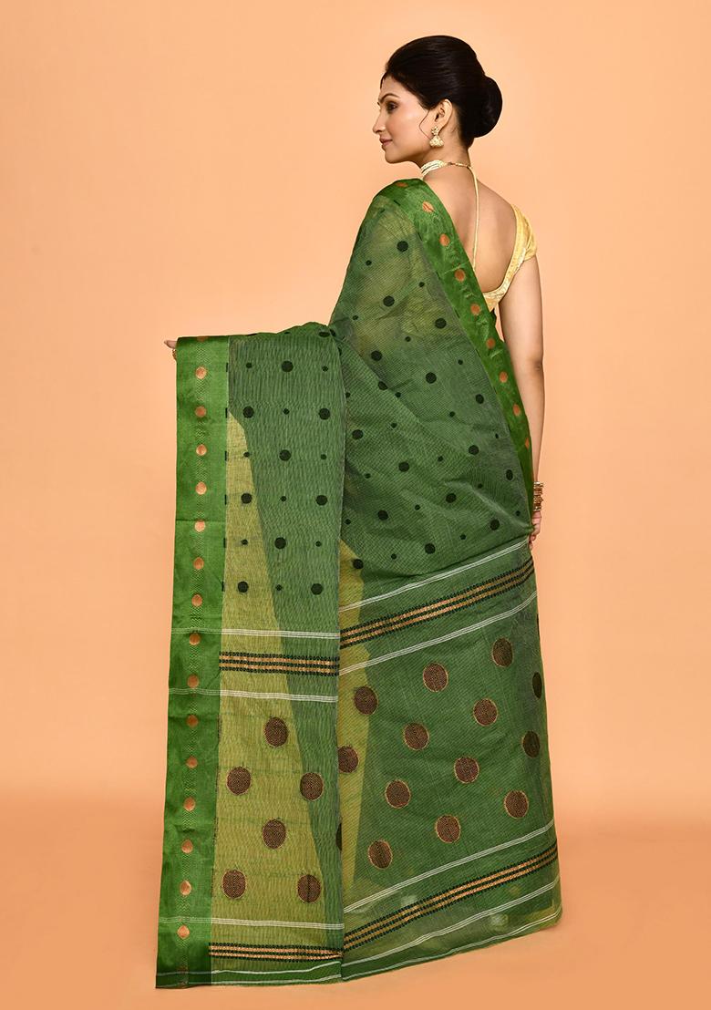 Green Zari Work Cotton Saree (Without Blouse)