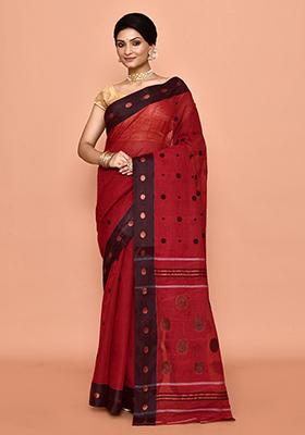 Maroon Zari Work Cotton Saree (Without Blouse)
